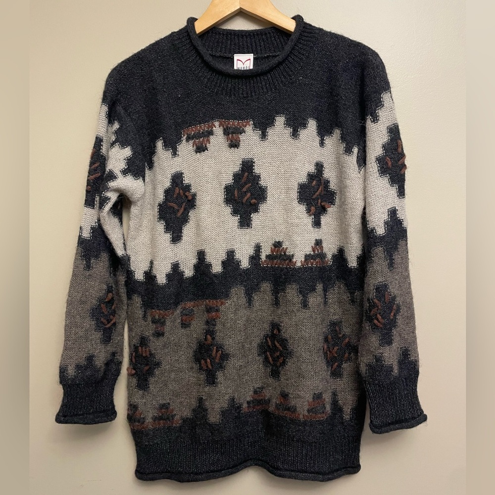 Mondi Black Gray Cream Patterned Cowl Neck Sweater